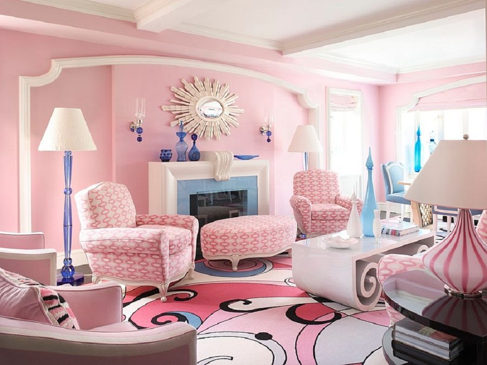 Ghế sofa phòng khách đẹp với gam màu hồng nổi bật